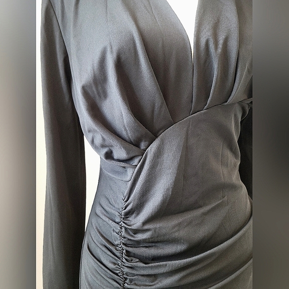 3/$30 Chic Black Ruched Long Sleeve Dress - Picture 3 of 9